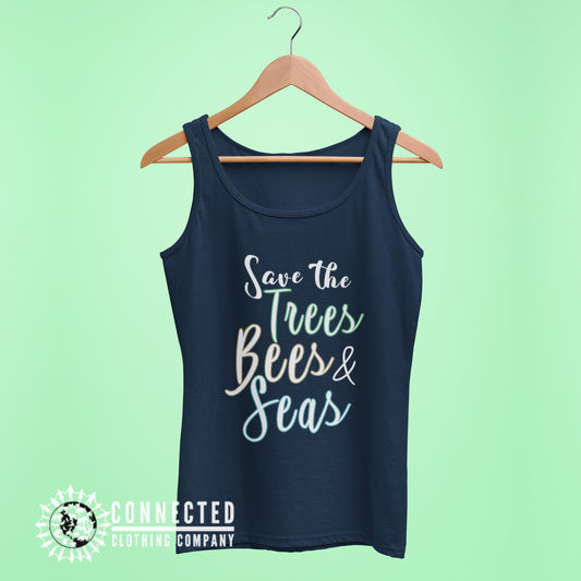 Navy Blue Save The Trees Bees And Seas Women's Relaxed Tank Top - Connected Clothing Company - Ethically and Sustainably Made - 10% donated to Mission Blue ocean conservation