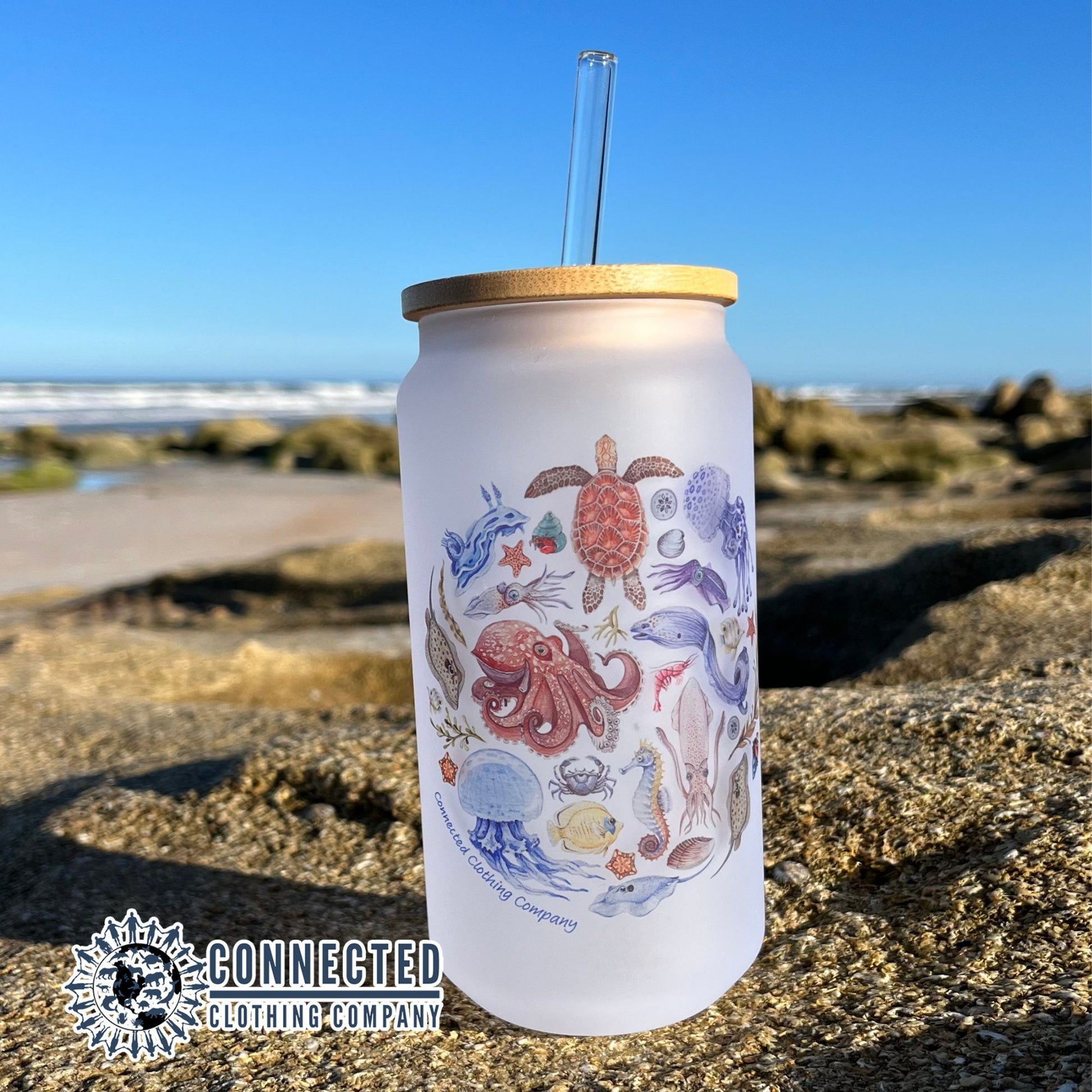 ocean sea creatures glass can - connected clothing company - 10% of proceeds donated to ocean conservation