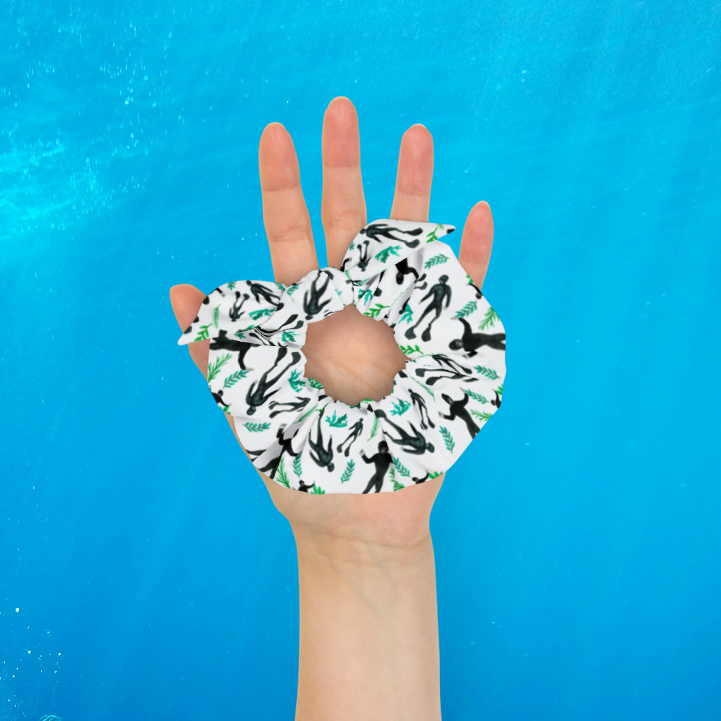 Hand Holding Scuba Diver Scrunchie Hair Tie - Connected Clothing Company - Ethical & Sustainable Apparel - 10% donated to Mission Blue ocean conservation