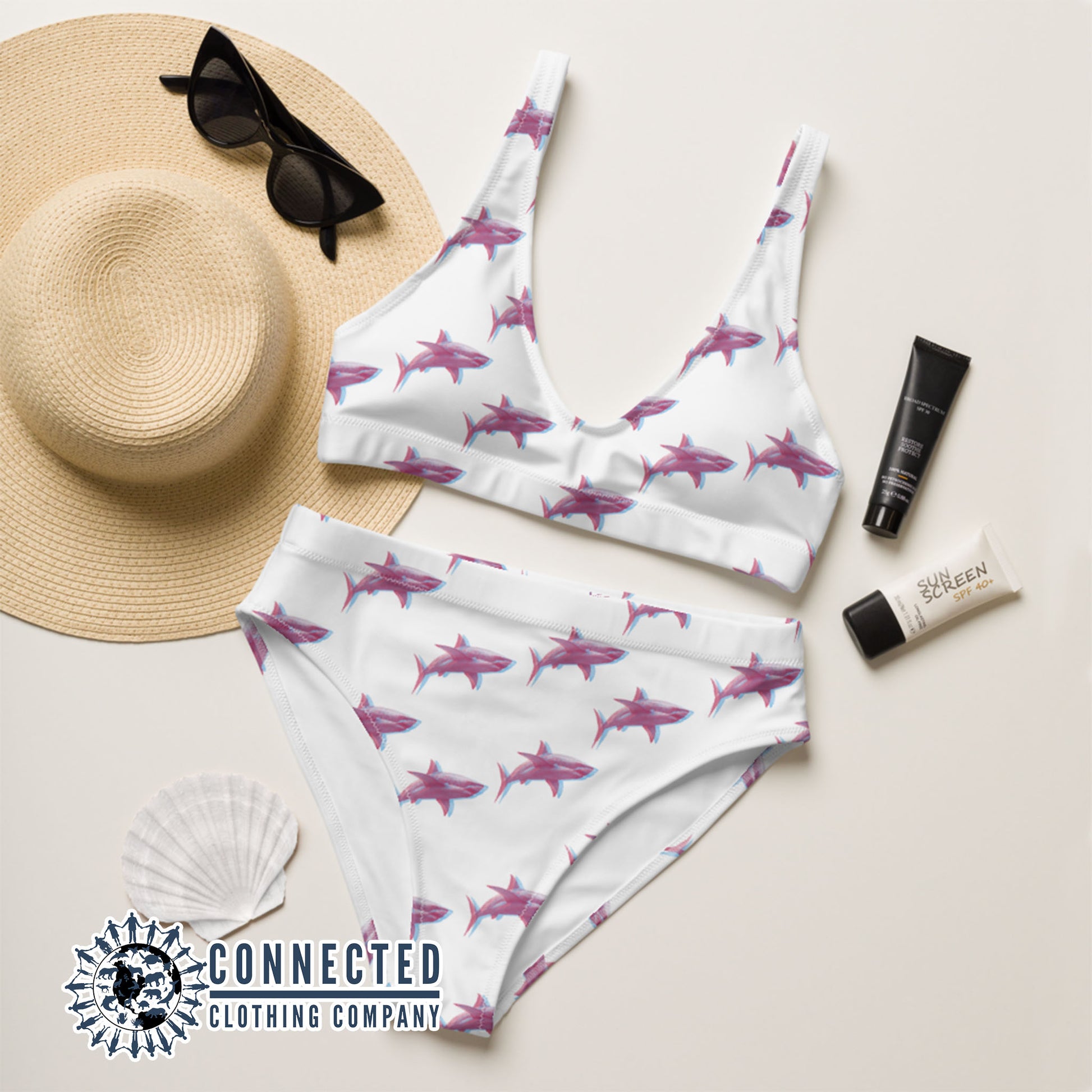 3D Shark Recycled Bikini - 2 piece high waisted bottom bikini - Connected Clothing Company - Ethically and Sustainably Made Apparel - 10% of profits donated to ocean conservation 