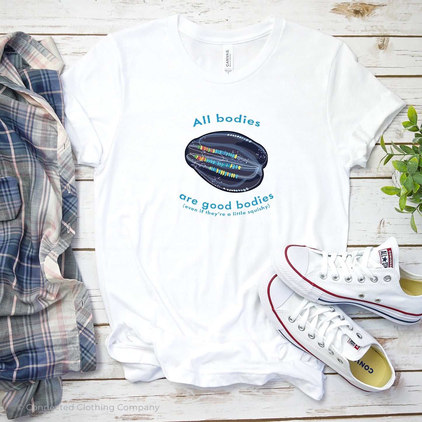 White All Bodies Are Good Bodies Tee reads "All bodies are good bodies (even if they're a little squishy)." and has a comb jelly ctenophore illustration - Connected Clothing Company - Ethically and Sustainably Made - 10% donated to Mission Blue ocean conservation