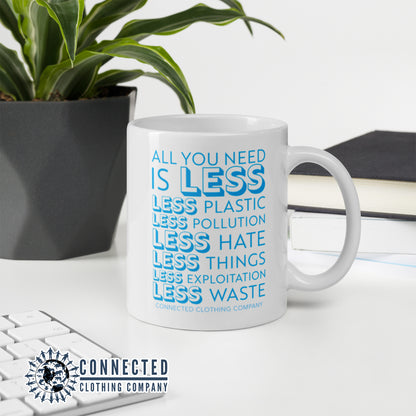 All You Need Is Less Classic Mug reads "all you need is less. less plastic. less pollution. less hate. less things. less exploitation. less waste." - Connected Clothing Company - Ethically and Sustainably Made - 10% of profits donated to Mission Blue ocean conservation