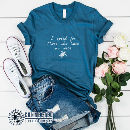 Steel Blue Be The Voice Sea Turtle Tee reads "I speak for those who have no voice." - Connected Clothing Company - Ethically and Sustainably Made - 10% donated to the Sea Turtle Conservancy