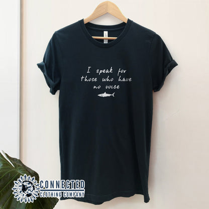 Black Be The Voice Shark Unisex Short-Sleeve T-Shirt reads "I speak for those who have no voice." - Connected Clothing Company - Ethically and Sustainably Made - 10% donated to Oceana shark conservation