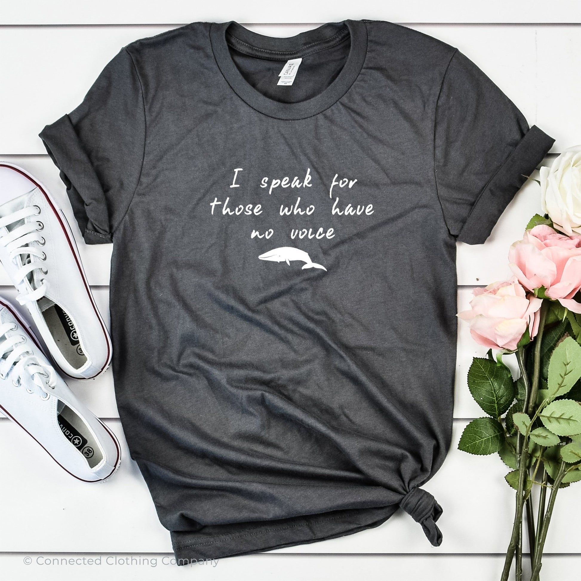 Be The Voice Whale Unisex Short-Sleeve Tee in Asphalt - Connected Clothing Company donates 10% of the profits from this t-shirt to Mission Blue ocean conservation