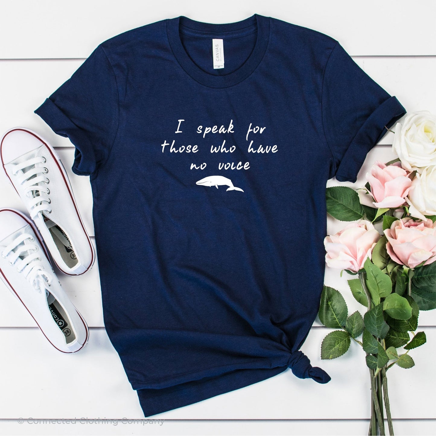 Be The Voice Whale Unisex Short-Sleeve Tee in Navy - Connected Clothing Company donates 10% of the profits from this t-shirt to Mission Blue ocean conservation