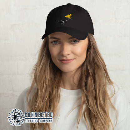  Model Wearing Bee Embroidered Cotton Cap - Connected Clothing Company - Ethical and Sustainably Made Apparel - 10% of proceeds donated to the Honeybee Conservancy
