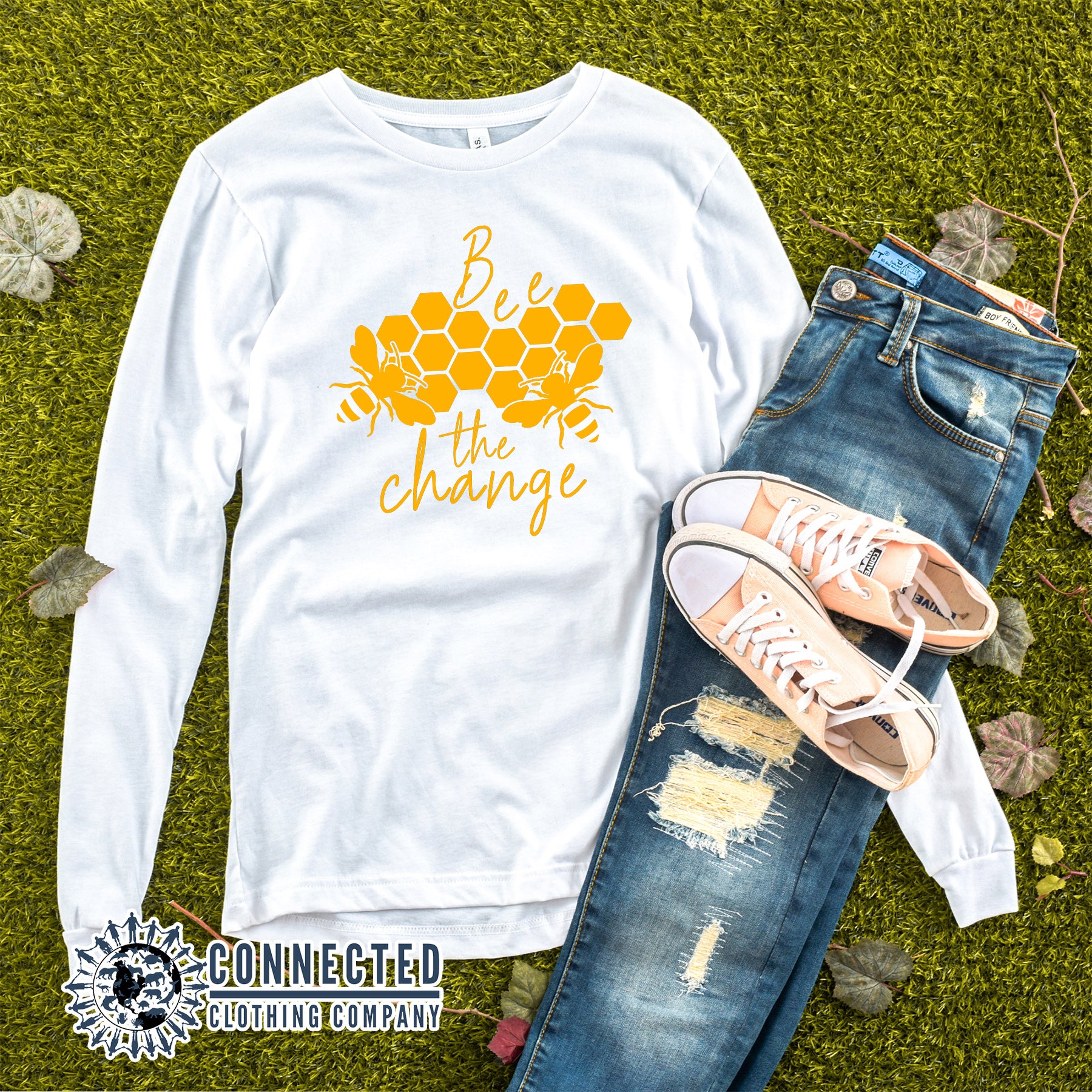 White Bee The Change Long-Sleeve Tee - Connected Clothing Company - Ethically & Sustainably Sourced - 10% of profits donated to The Honeybee Conservancy