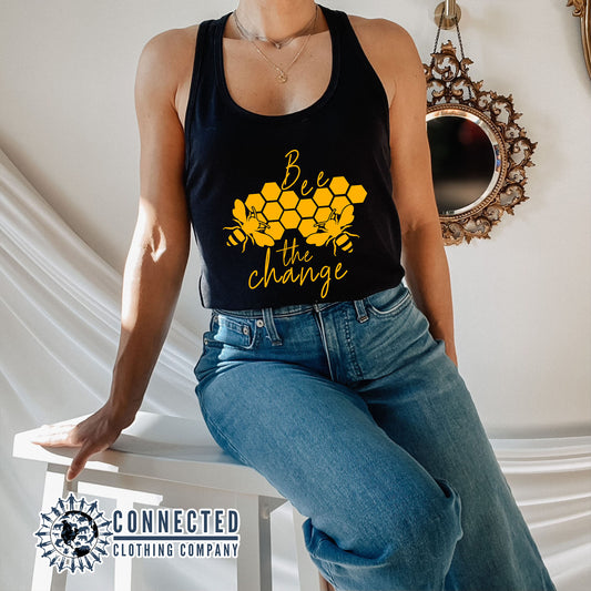 Model Wearing Black Bee The Change Women's Tank - Connected Clothing Company - 10% of profits donated to the Honeybee Conservancy