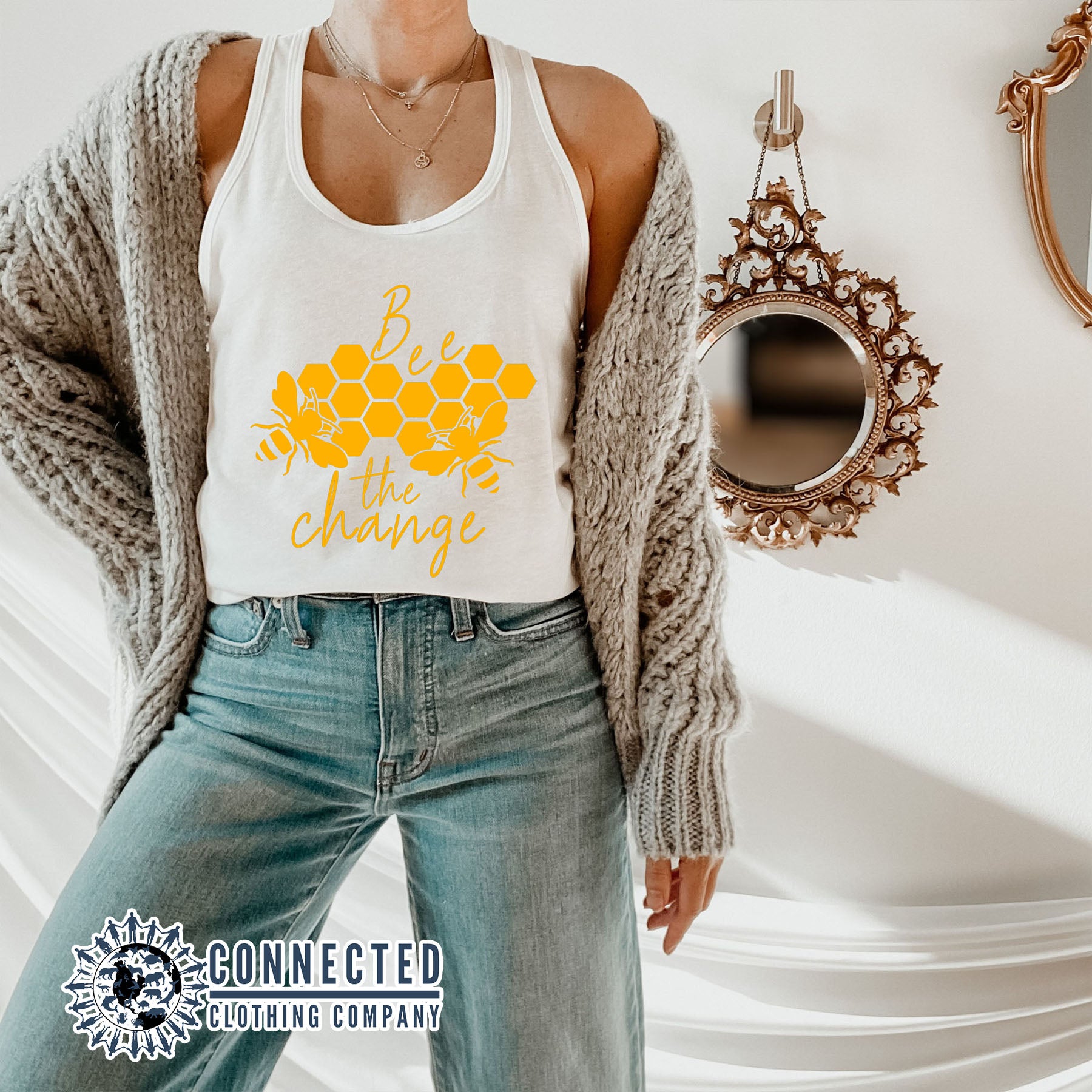 Model Wearing White Bee The Change Women's Tank - Connected Clothing Company - 10% of profits donated to the Honeybee Conservancy