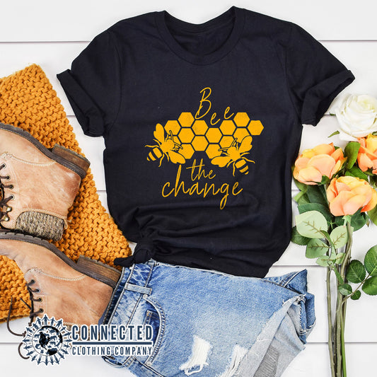 Black Organic Cotton Bee The Change Short-Sleeve Tee - Connected Clothing Company - Ethically and Sustainably Made - 10% of profits donated to the Honeybee Conservancy
