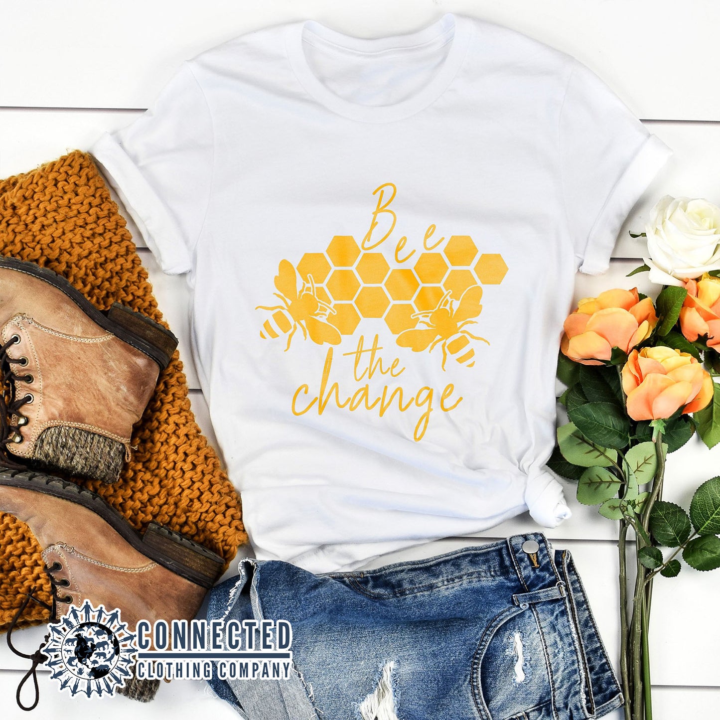 White Organic Cotton Bee The Change Short-Sleeve Tee - Connected Clothing Company - Ethically and Sustainably Made - 10% of profits donated to the Honeybee Conservancy
