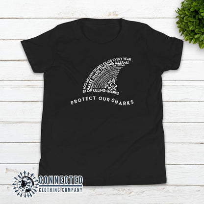 Black Protect Our Sharks Youth Short-Sleeve Tee - Connected Clothing Company - 10% of profits donated to Oceana shark conservation