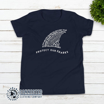 Navy Blue Protect Our Sharks Youth Short-Sleeve Tee - Connected Clothing Company - 10% of profits donated to Oceana shark conservation