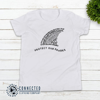 White Protect Our Sharks Youth Short-Sleeve Tee - Connected Clothing Company - 10% of profits donated to Oceana shark conservation
