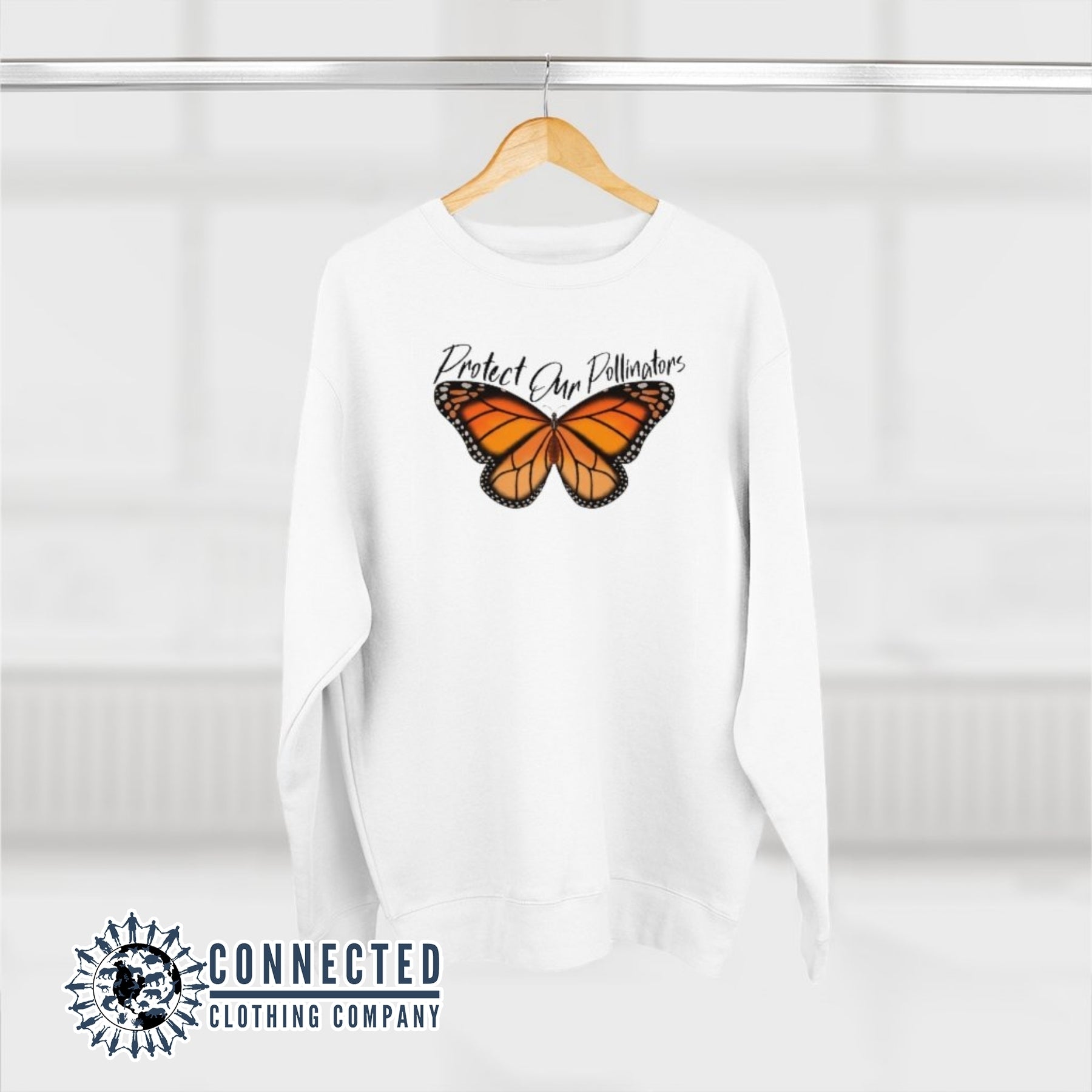 Hanging White Protect Our Pollinators Crewneck Sweatshirt - Connected Clothing Company - Ethically and Sustainably Made - 10% of profits donated to pollinator and monarch conservation and ocean conservation