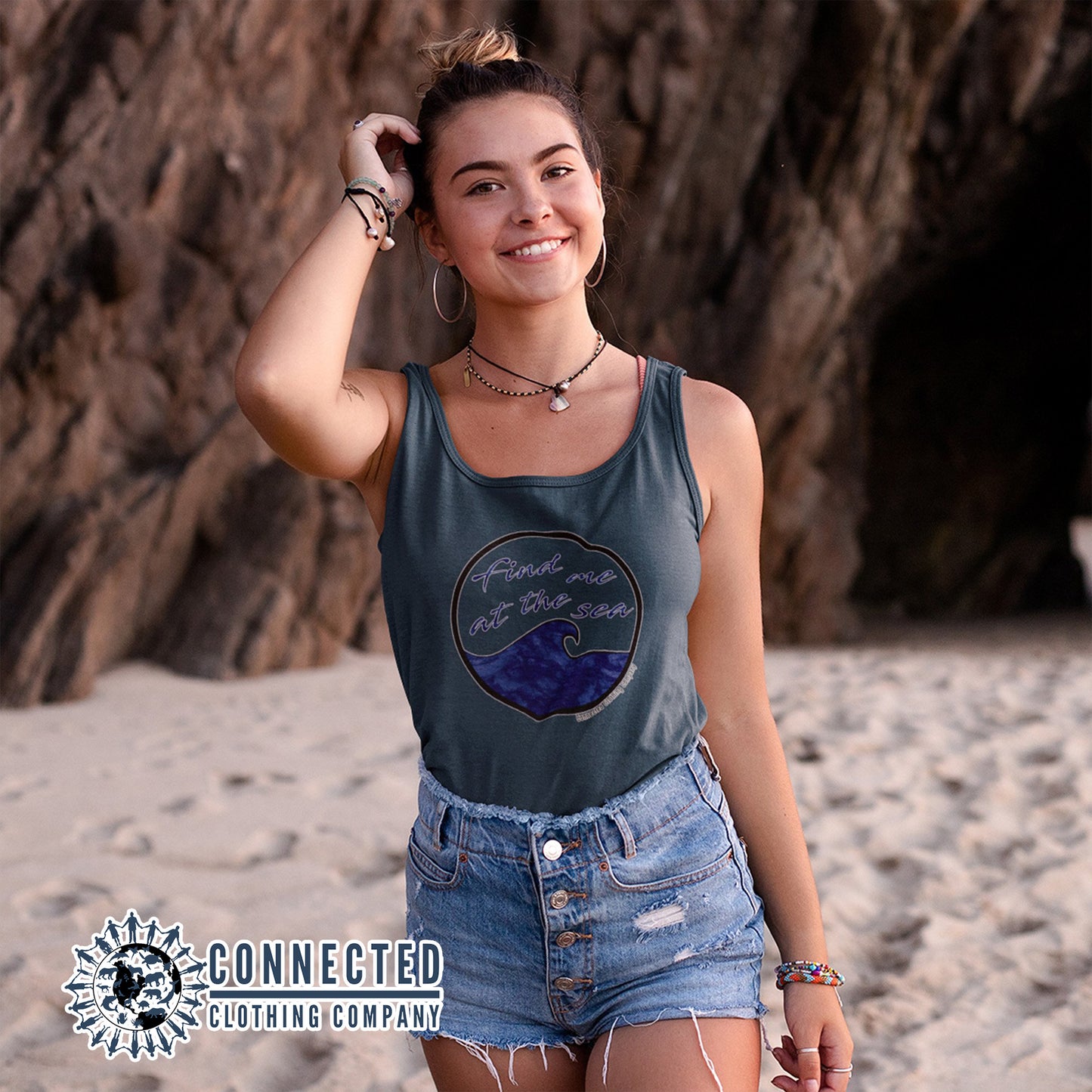 Model Wearing Navy Find Me At The Sea Women's Relaxed Tank Top - Connected Clothing Company - 10% of profits donated to Mission Blue ocean conservation