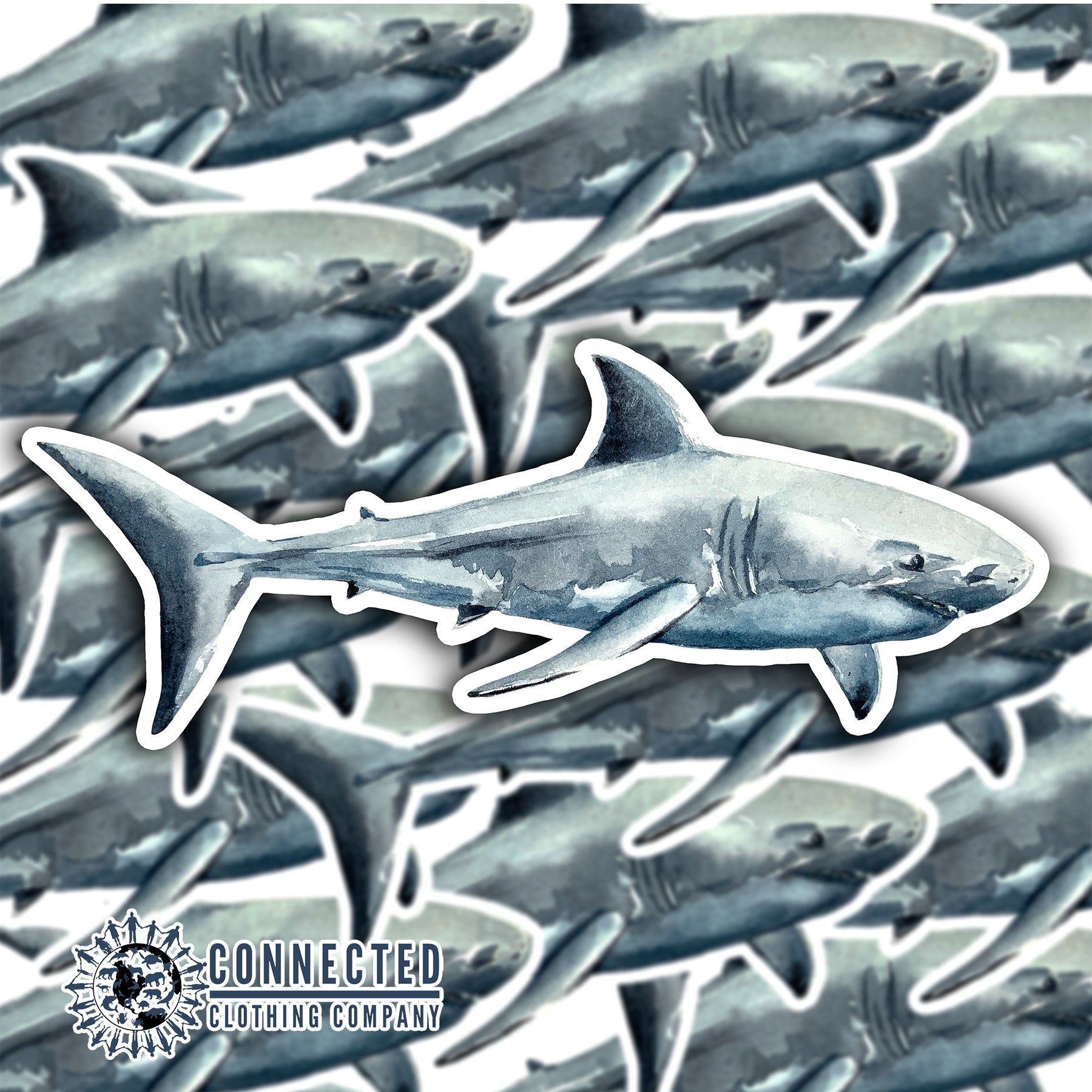 Closeup of Great White Shark Watercolor Sticker - Connected Clothing Company - Ethical and Sustainable Apparel - portion of profits donated to shark conservation