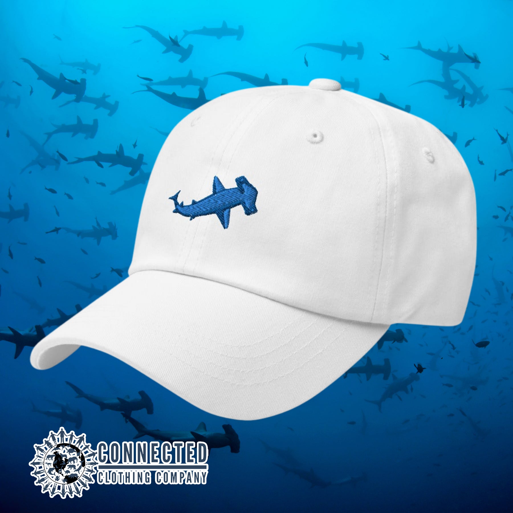 White Hammerhead Shark Cotton Cap - Connected Clothing Company - Ethical & Sustainable Clothing That Gives Back - 10% donated to Oceana shark conservation