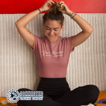 Model Wearing Mauve Heart Breaker. Earth Saver. Short-Sleeve Tee - Connected Clothing Company - Ethically and Sustainably Made - 10% of profits donated to ocean conservation