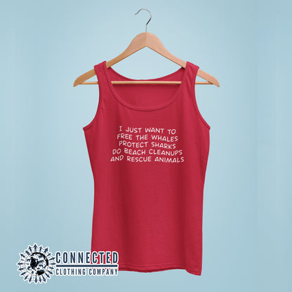 Red I Just Want To Save The World Women's Tank Top reads "I just want to free the whales, protect sharks, do beach cleanups, and rescue animals" - Connected Clothing Company - 10% of profits donated to Mission Blue ocean conservation