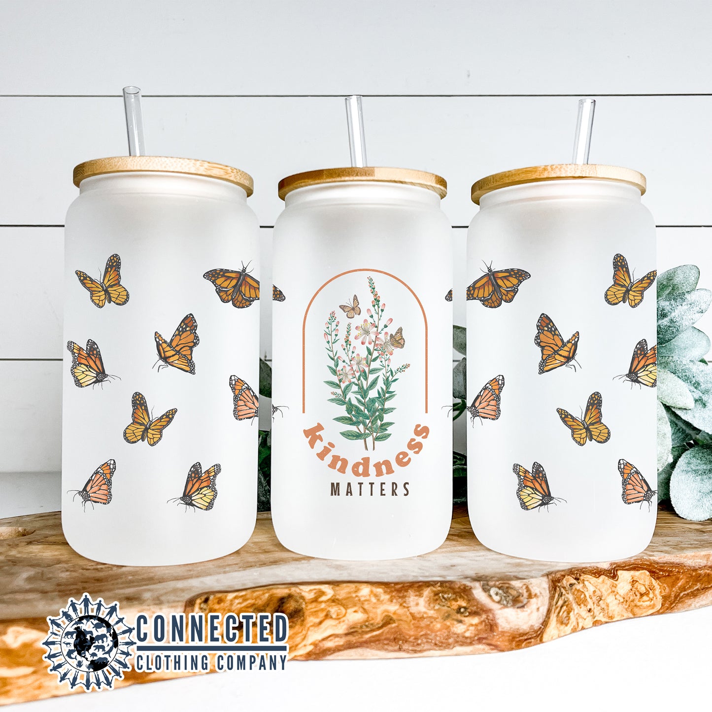 Kindness Matters Monarch Glass Can - Connected Clothing Company - 10% of proceeds donated to save the monarch butterflies