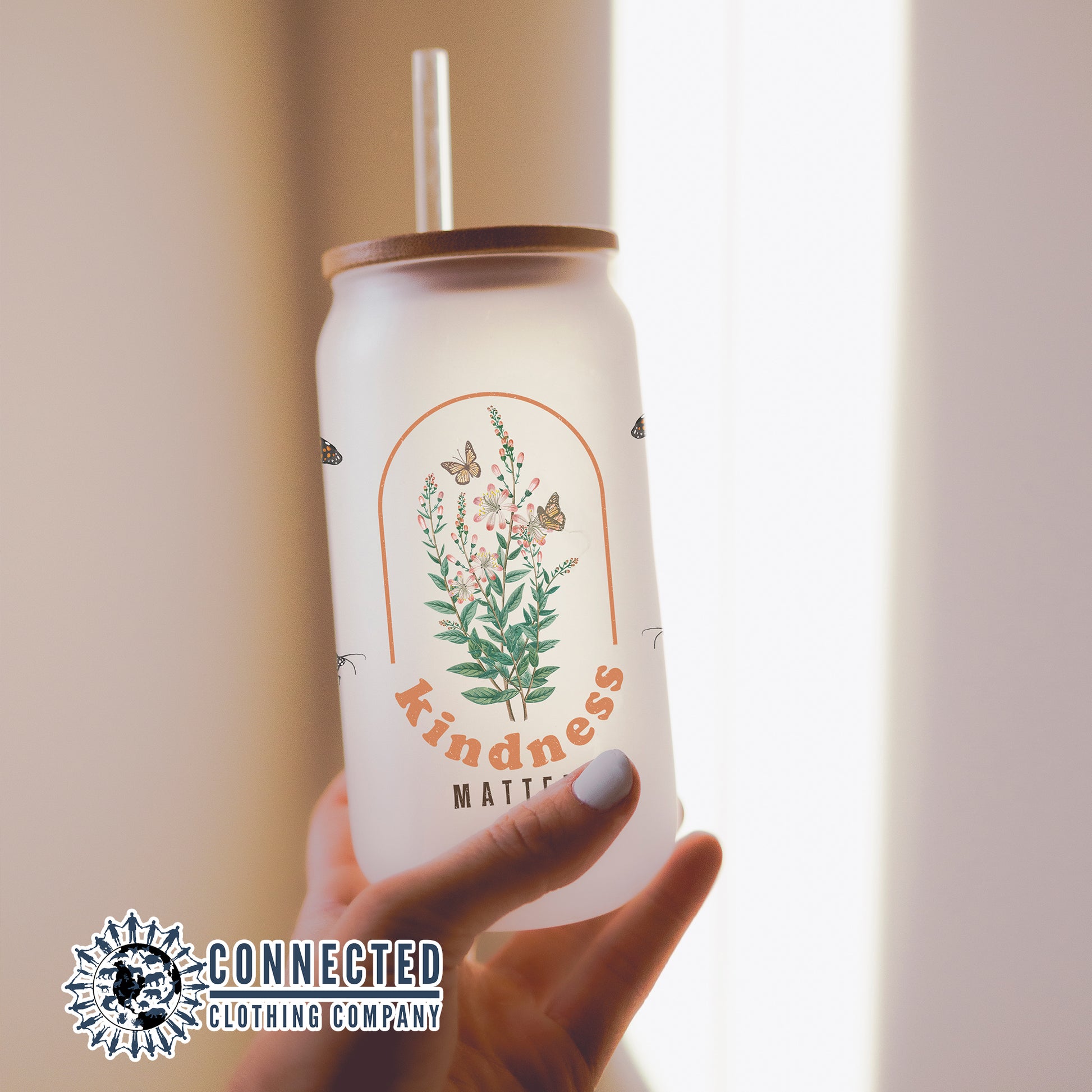 Kindness Matters Monarch Glass Can - Connected Clothing Company - 10% of proceeds donated to save the monarch butterflies