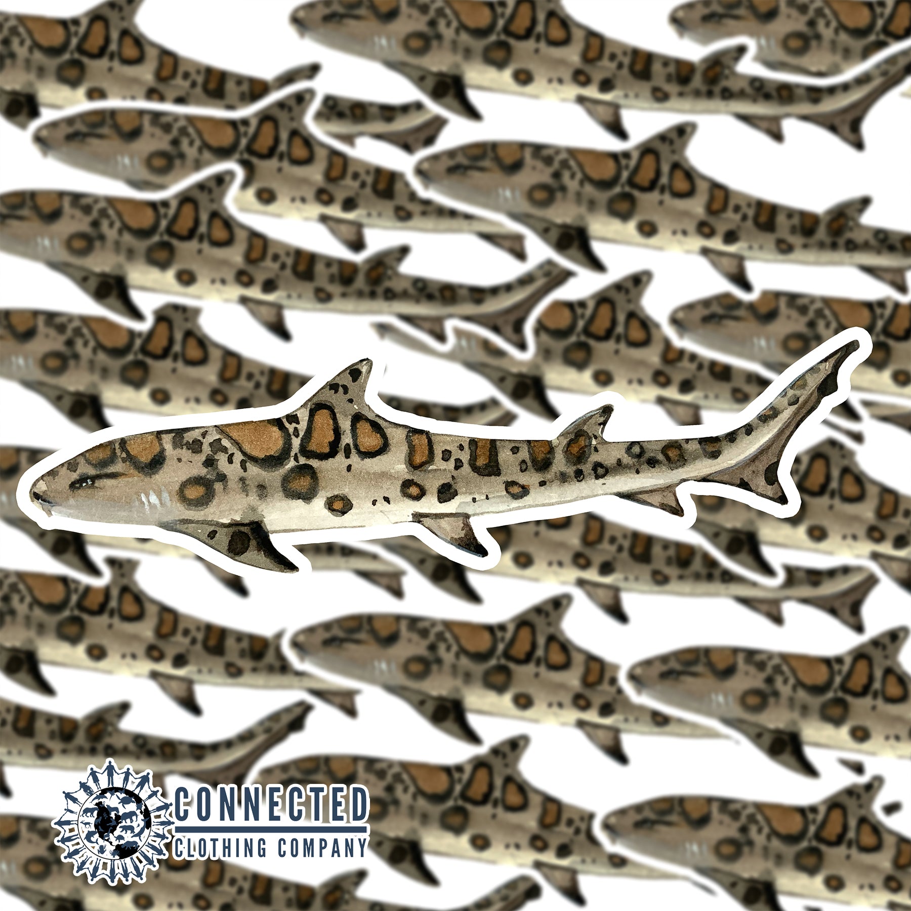 Closeup of Leopard Shark Watercolor Sticker - Connected Clothing Company - Ethical and Sustainable Apparel - portion of profits donated to shark conservation