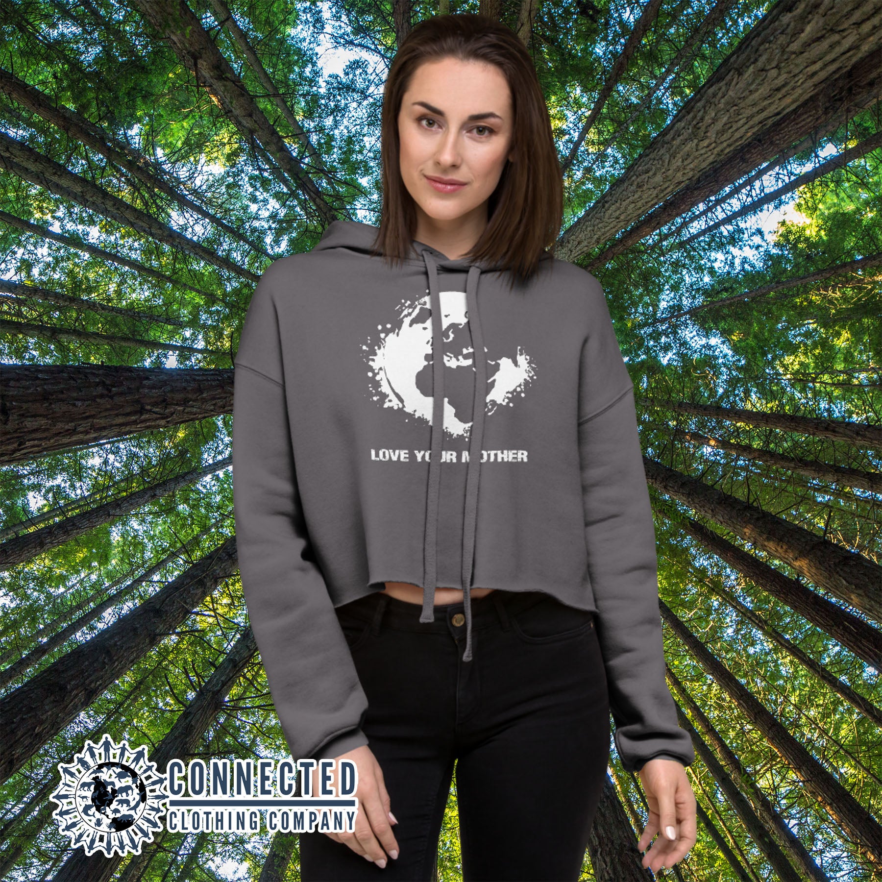 Model Wearing Storm Love Your Mother Earth Crop Hoodie - Connected Clothing Company - Ethically and Sustainably Made - 10% donated to the Environmental Defense Fund