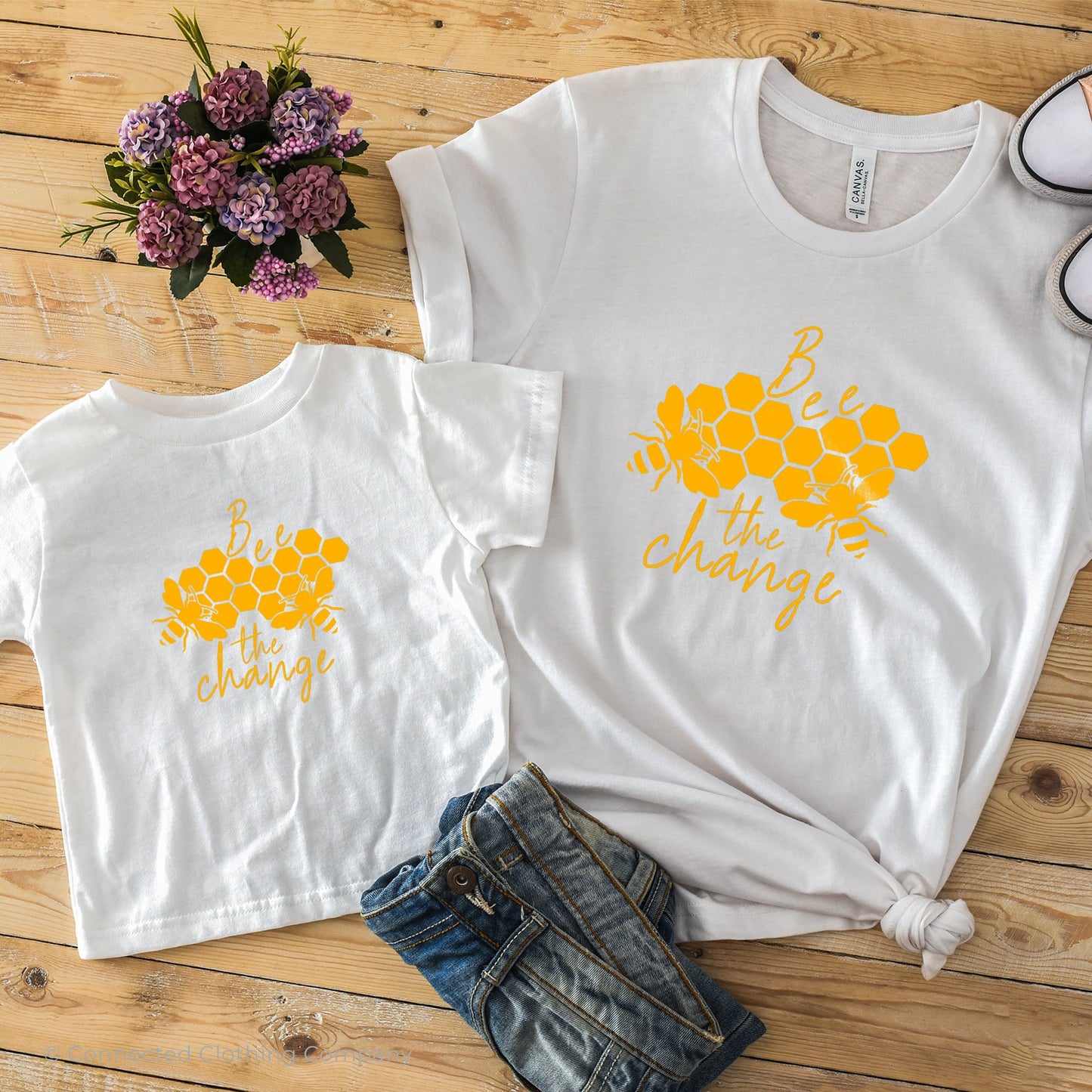 Bee The Change Toddler Short-Sleeve Tee in White with Adult Bee The Change Tee - Connected Clothing Company - 10% of profits donated to The Honeybee Conservancy, supporting bee conservation and building bee habitats