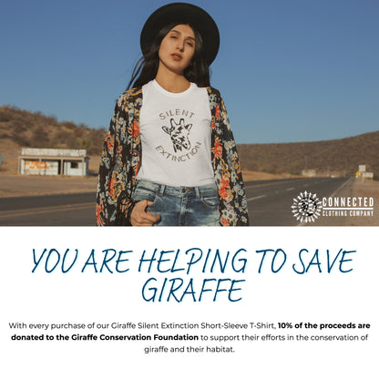 You are helping to save giraffe. with every purchase of our giraffe silent extinction short sleeve tshirt, 10% of the proceeds are donated to the giraffe conservation foundation to support their efforts in the conservation of giraffe and their habitat.