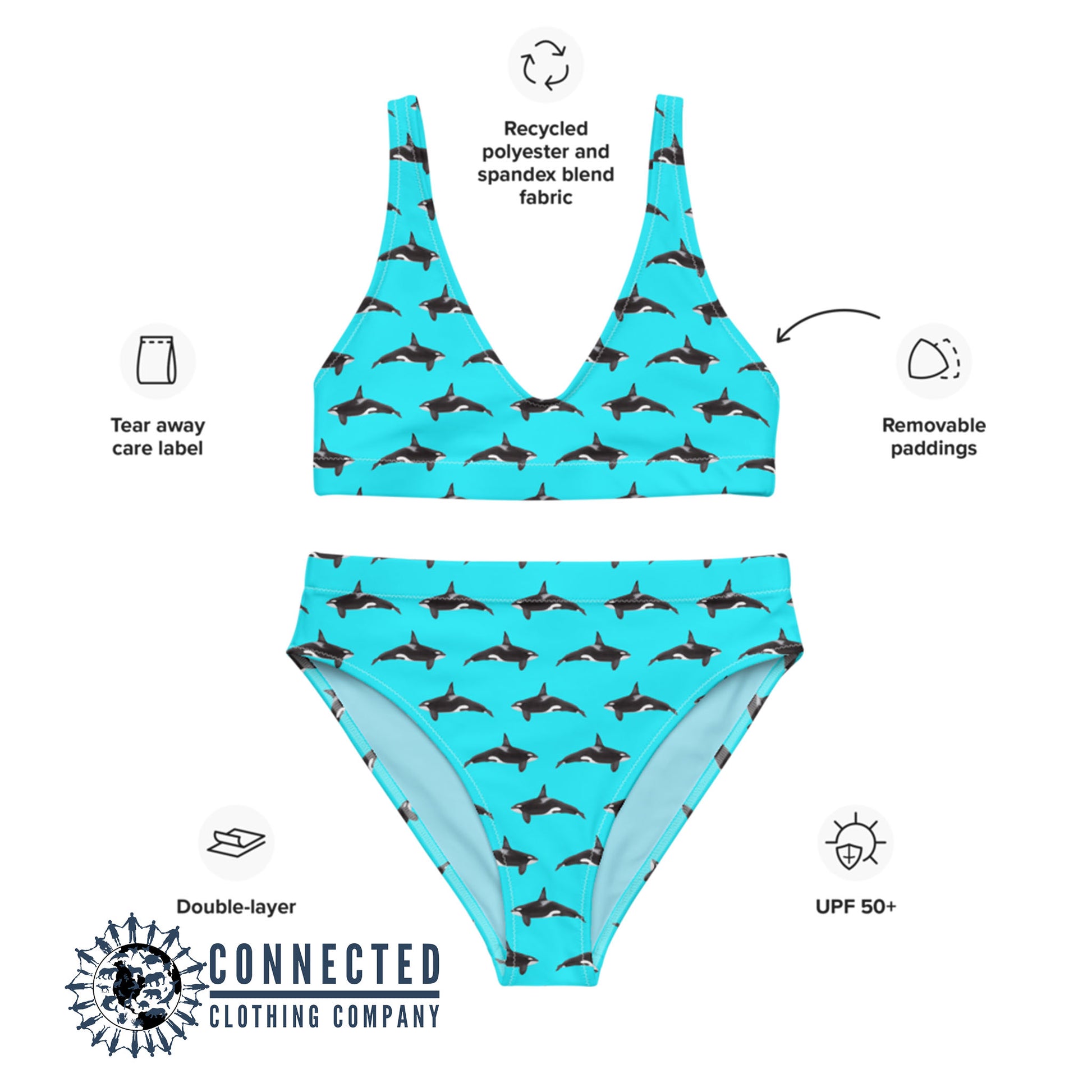 Orcinus Orca Recycled Bikini - 2 piece high waisted bottom bikini - Connected Clothing Company - Ethically and Sustainably Made Apparel - 10% of profits donated to ocean conservation 