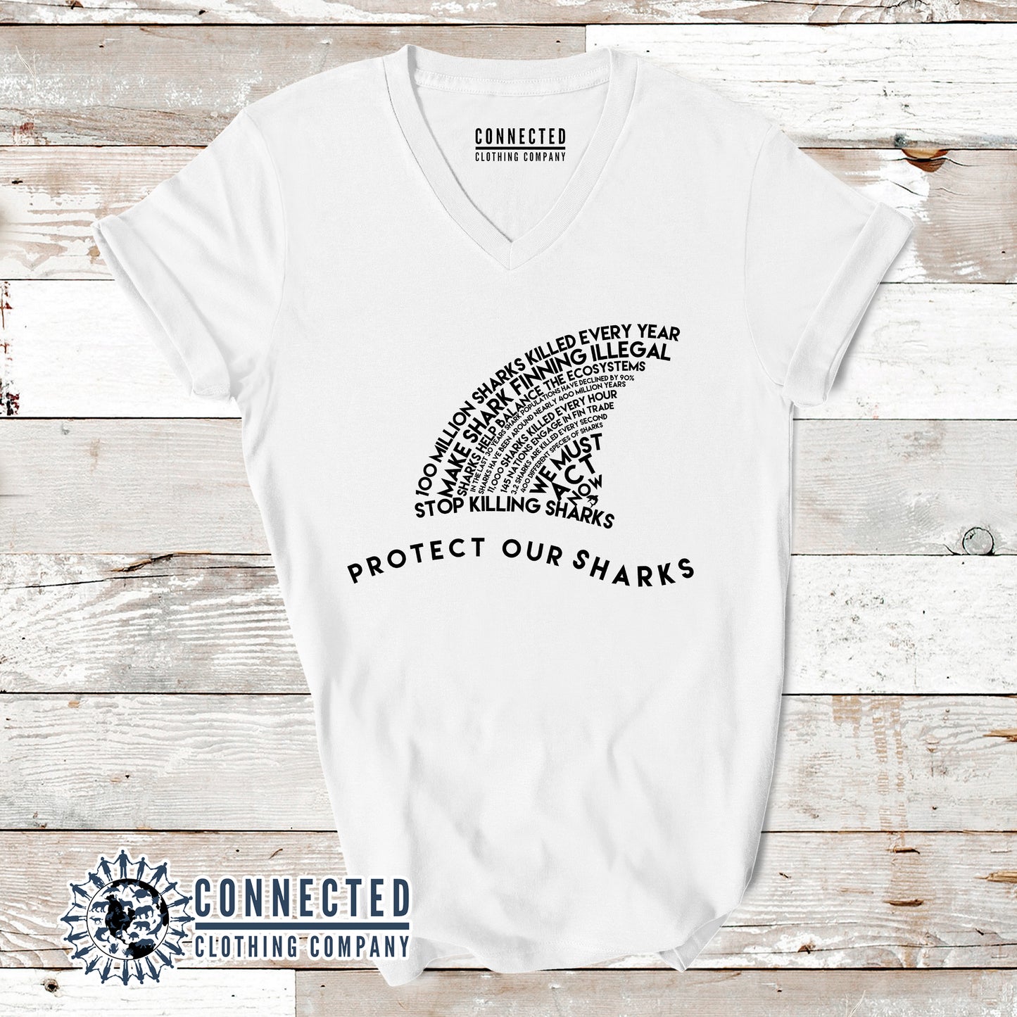 White Protect Our Sharks Short-Sleeve Women's V-Neck Tee - Connected Clothing Company - Ethically and Sustainably Made - 10% of profits donated to shark conservation