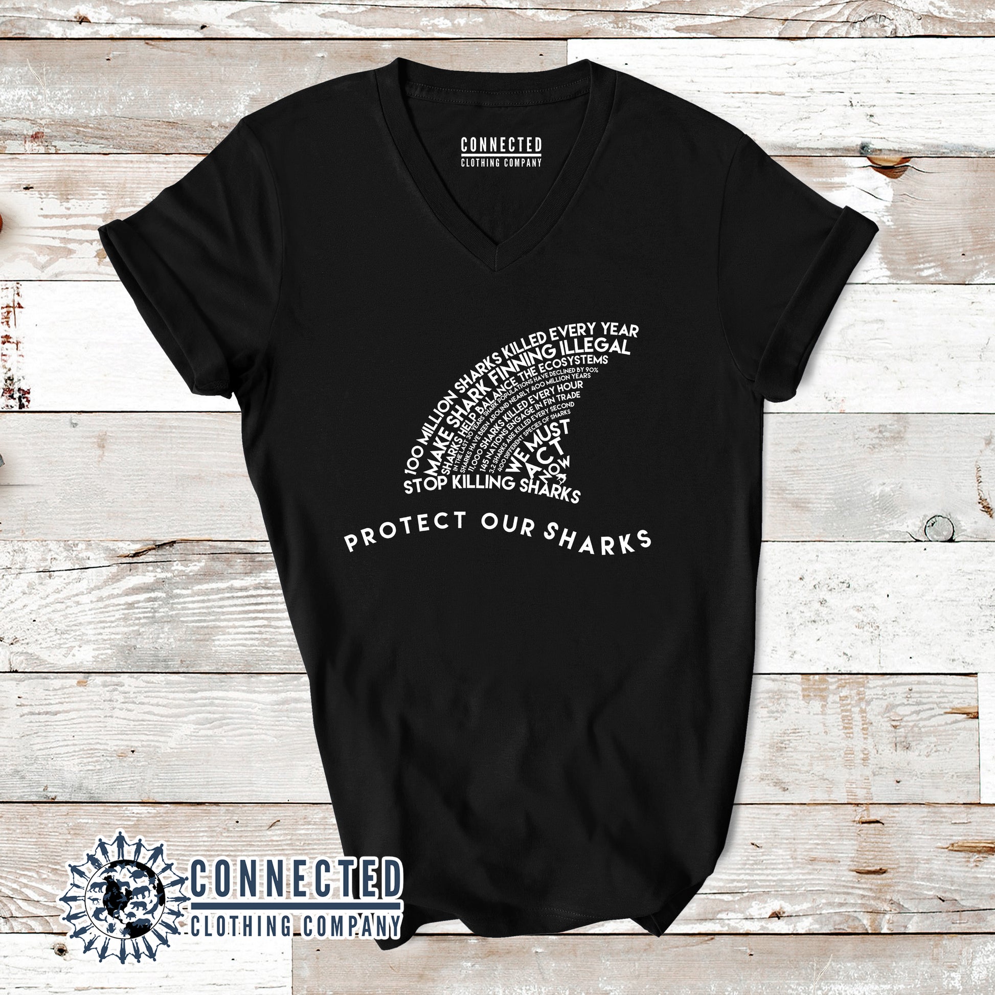 Black Protect Our Sharks Short-Sleeve Women's V-Neck Tee - Connected Clothing Company - Ethically and Sustainably Made - 10% of profits donated to shark conservation