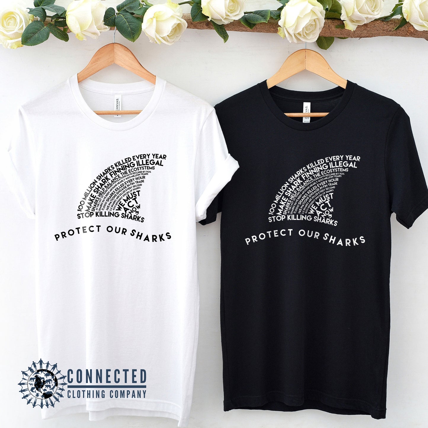 Black and White Protect Our Sharks Short-Sleeve Tees - Connected Clothing Company - Ethically and Sustainably Made - 10% of profits donated to shark conservation and ocean conservation