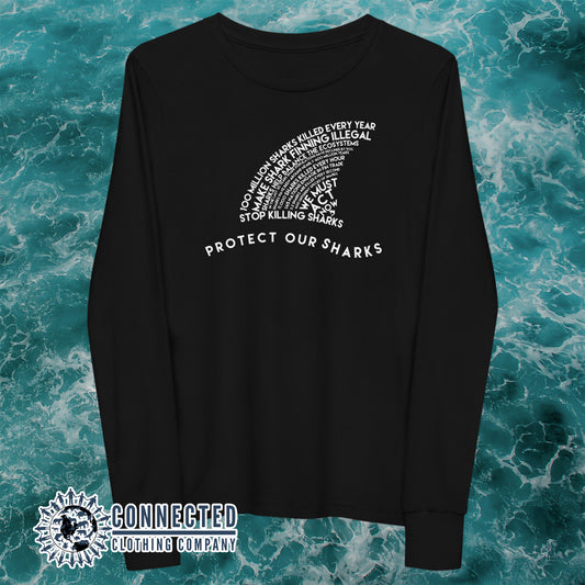 Black Protect Our Sharks Youth Long-Sleeve Tee - Connected Clothing Company - Ethically and Sustainably Made - 10% donated to Oceana shark conservation