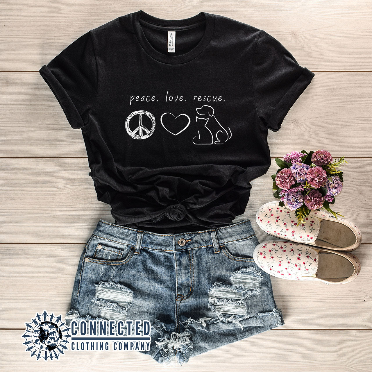 Black Peace Love Rescue Short-Sleeve Tee - Connected Clothing Company - Ethically and Sustainably Made - 10% donated to Villalobos Animal Rescue Center