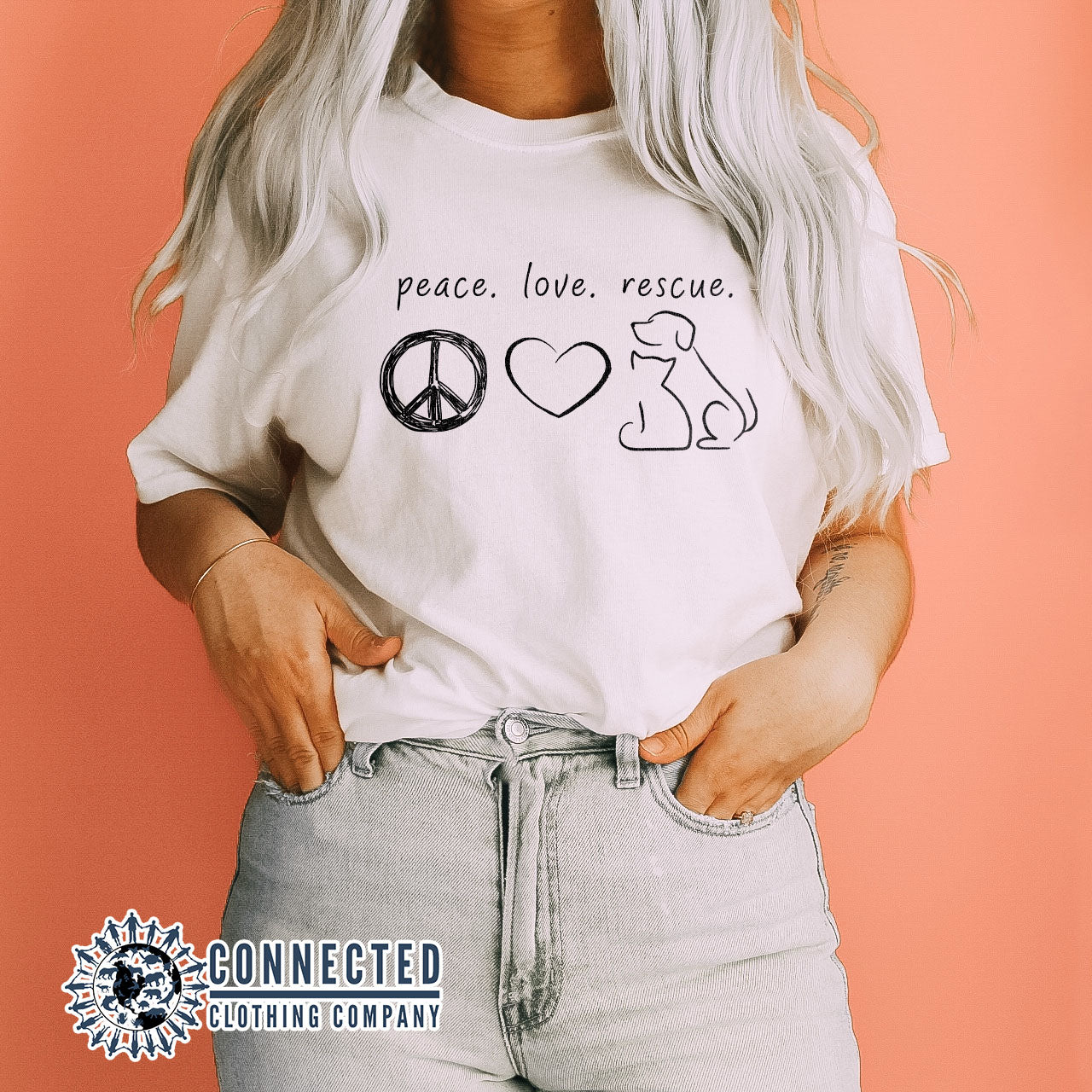 White Peace Love Rescue Short-Sleeve Tee - Connected Clothing Company - Ethically and Sustainably Made - 10% donated to Villalobos Animal Rescue Center