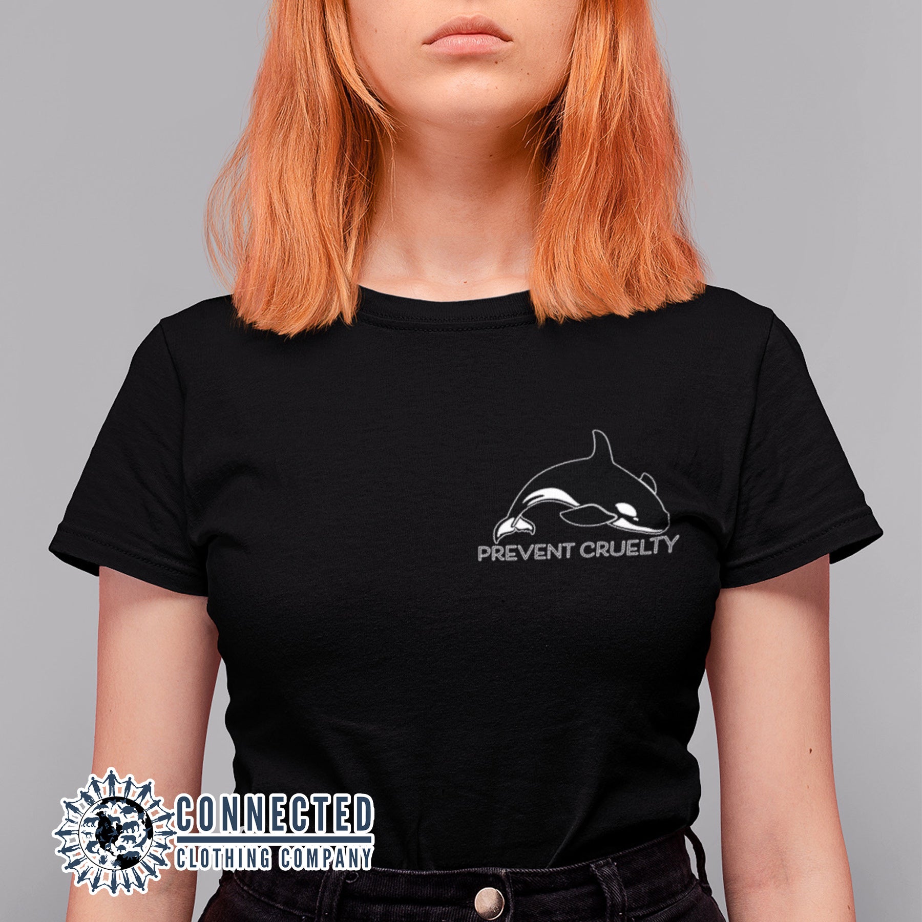 Model Wearing Black Prevent Cruelty Orca Short-Sleeve Tee - Connected Clothing Company - Ethically and Sustainably Made - 10% donated to Humane Society International animal cruelty prevention