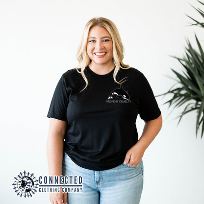 Model Wearing Black Prevent Cruelty Orca Short-Sleeve Tee - Connected Clothing Company - Ethically and Sustainably Made - 10% donated to Humane Society International animal cruelty prevention