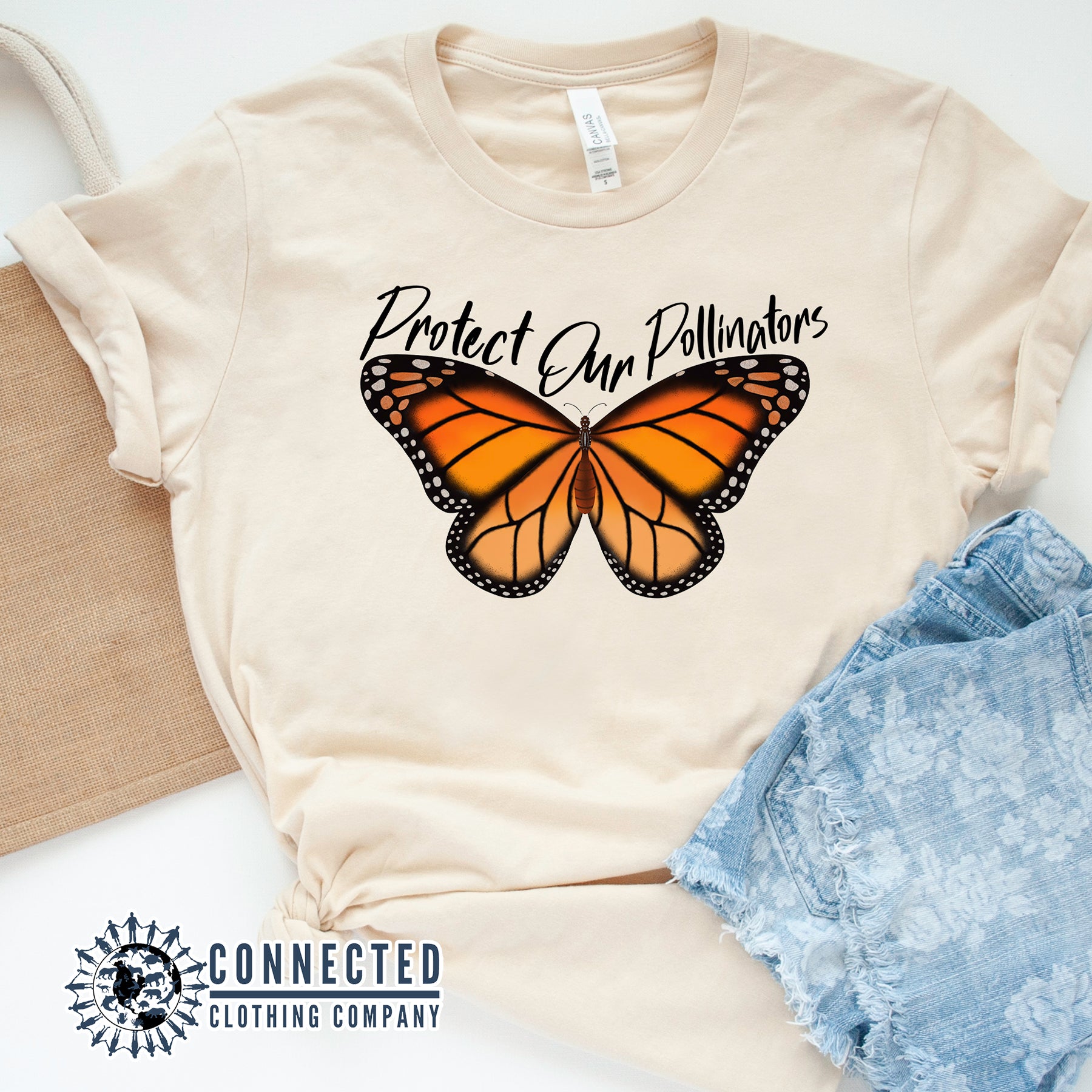 Soft Cream Protect Our Pollinators Short-Sleeve Tee - Connected Clothing Company - Ethically and Sustainably Made - 10% of profits donated to pollinator and monarch conservation and ocean conservation
