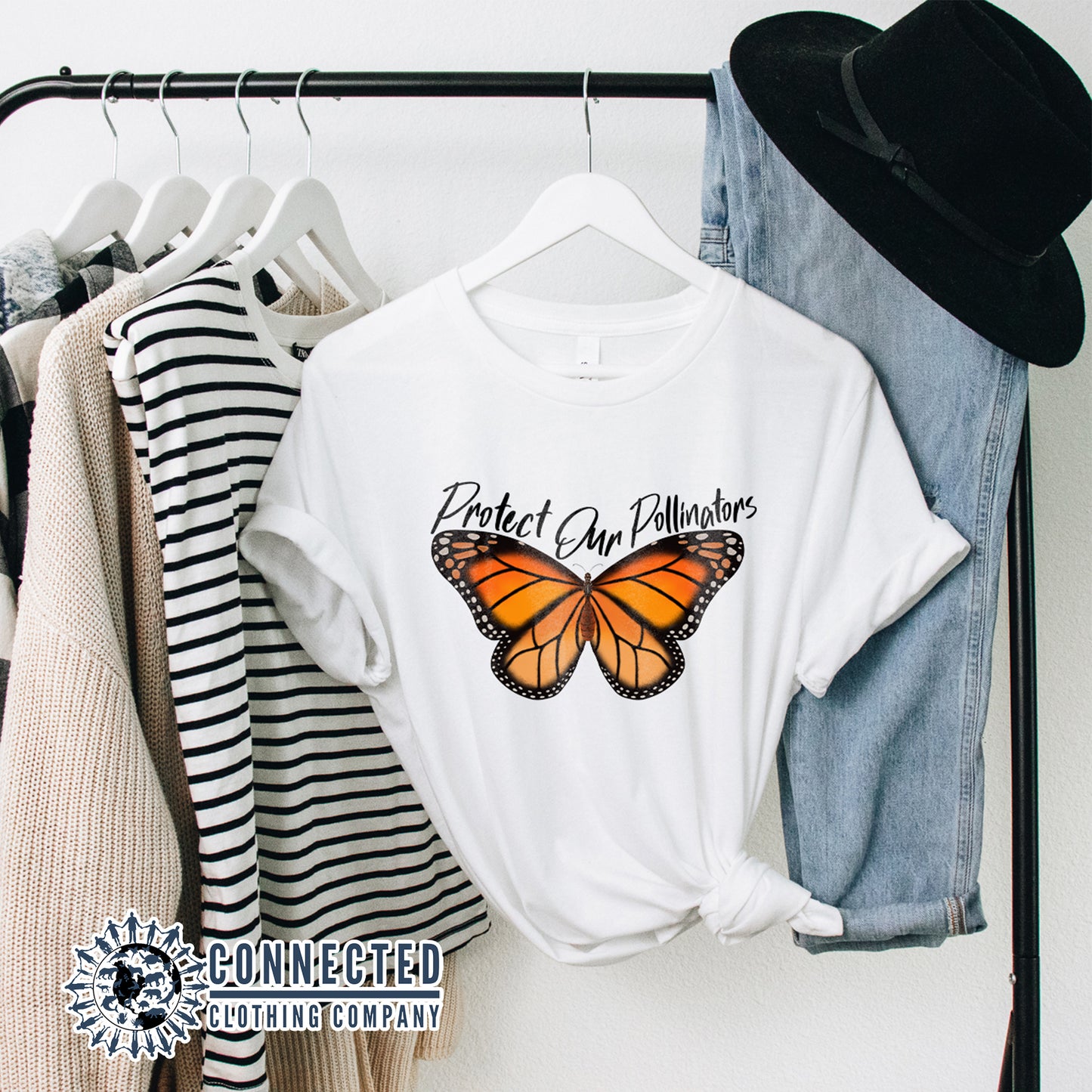 White Protect Our Pollinators Short-Sleeve Tee - Connected Clothing Company - Ethically and Sustainably Made - 10% of profits donated to pollinator and monarch conservation and ocean conservation