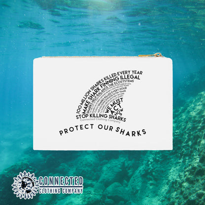White Protect Our Sharks Cosmetic Bag - Connected Clothing Company - Ethically and Sustainably Made - 10% of profits donated to shark conservation and ocean conservation