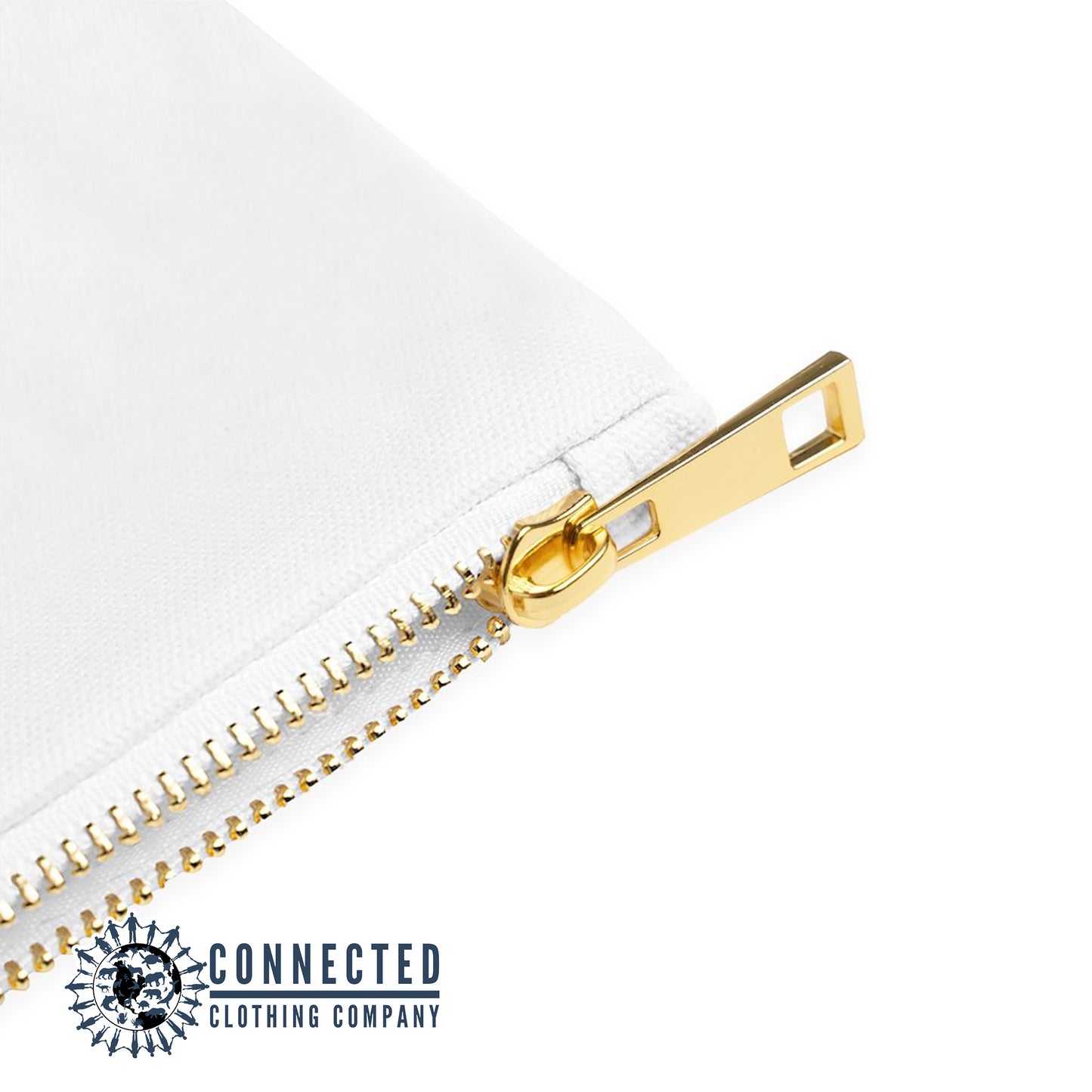 Up close shot of gold zipper on White Protect Our Sharks Cosmetic Bag - Connected Clothing Company - Ethically and Sustainably Made - 10% of profits donated to shark conservation and ocean conservation