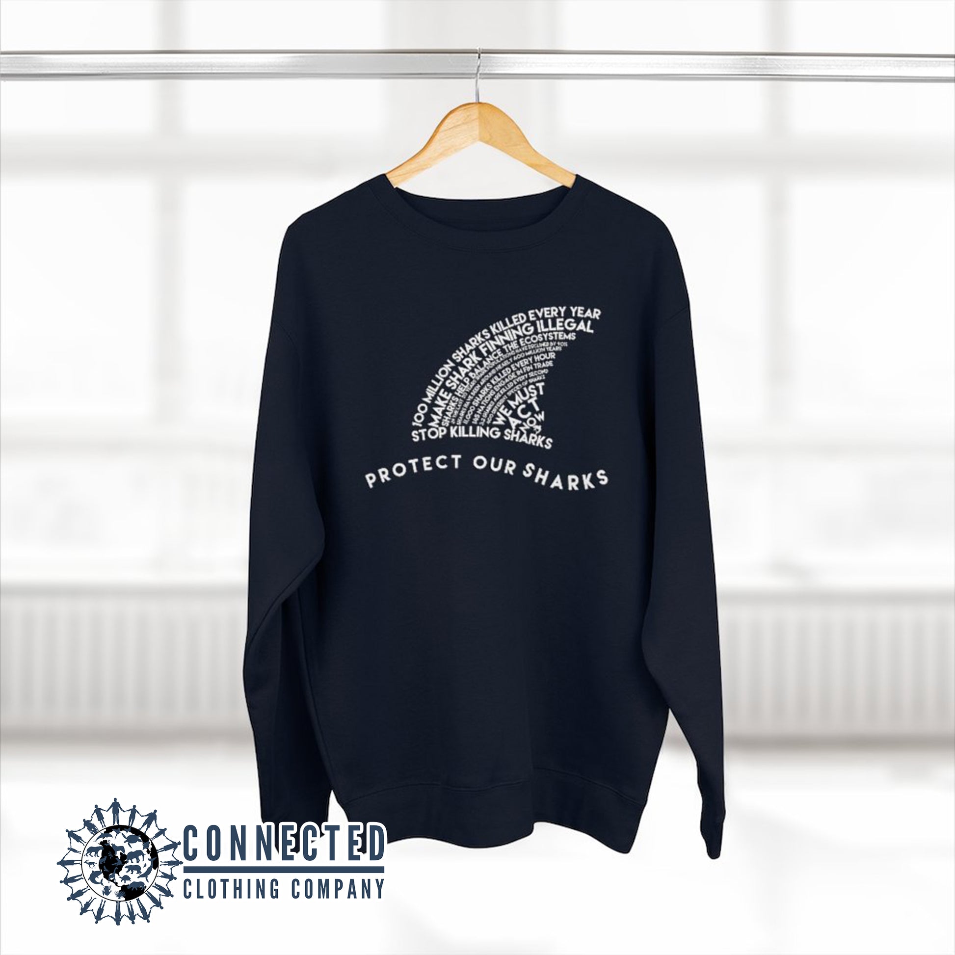 Navy Blue Protect Our Sharks Unisex Crewneck Sweatshirt - Connected Clothing Company - Ethically and Sustainably Made - 10% of profits donated to shark conservation and ocean conservation