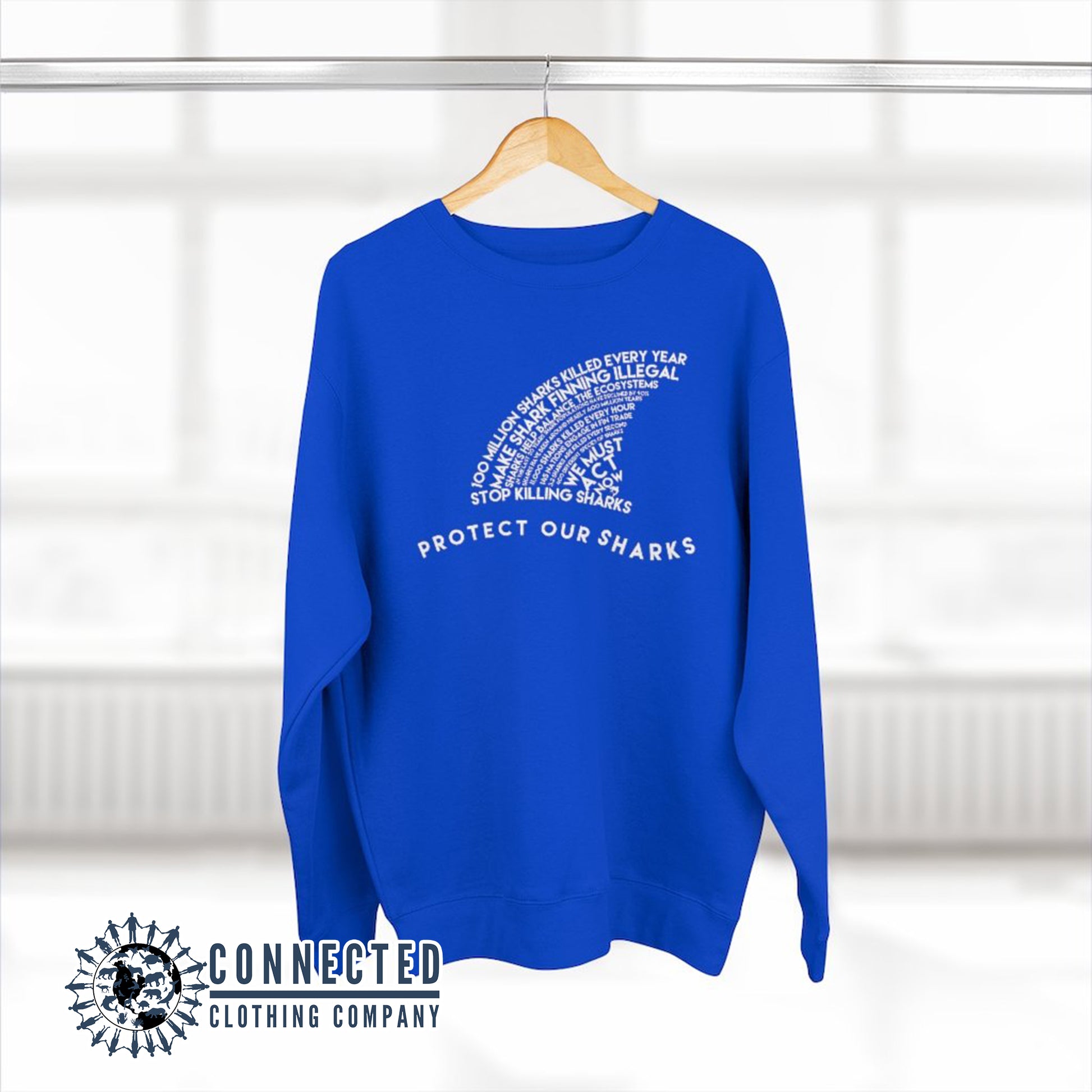 Royal Blue Protect Our Sharks Unisex Crewneck Sweatshirt - Connected Clothing Company - Ethically and Sustainably Made - 10% of profits donated to shark conservation and ocean conservation