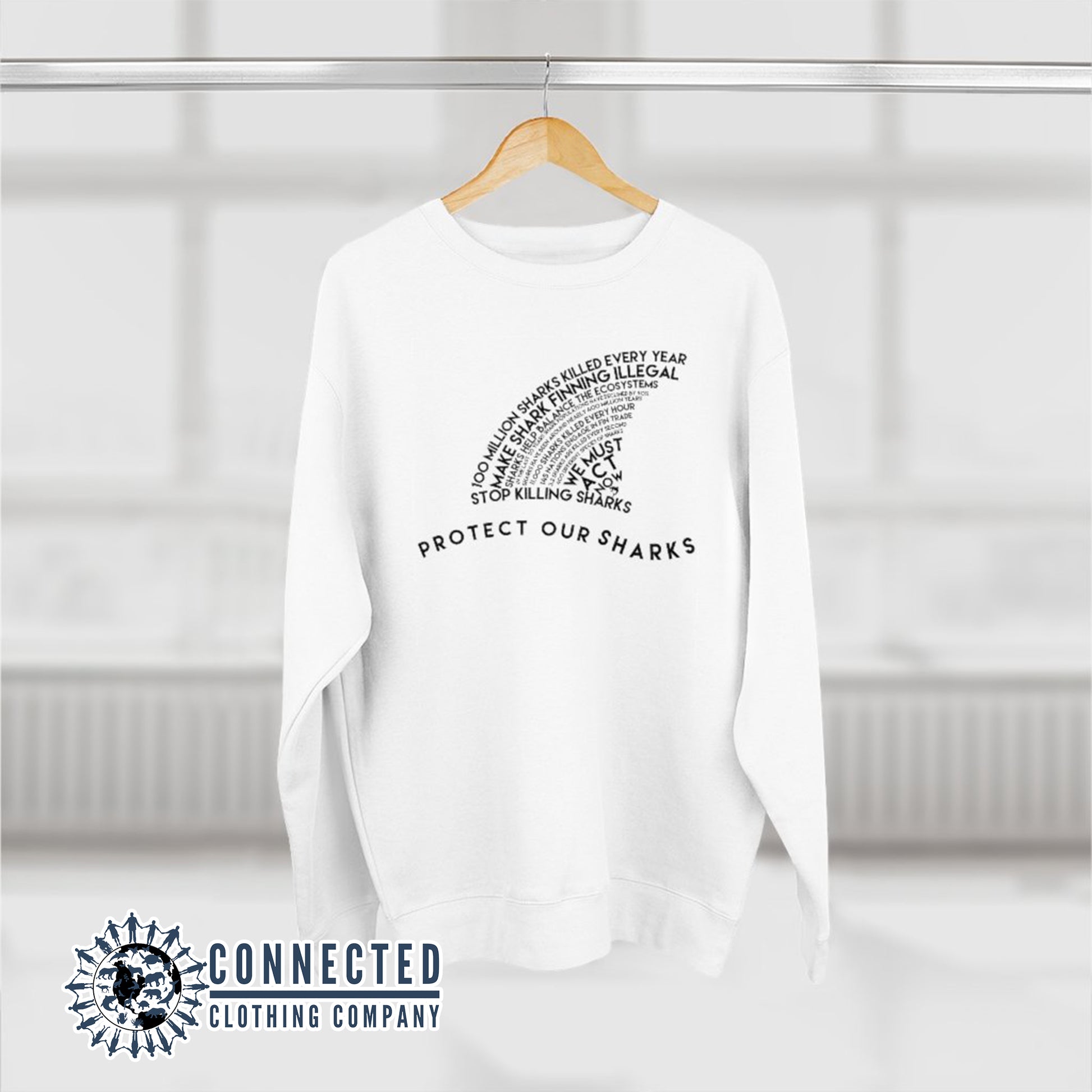 White Protect Our Sharks Unisex Crewneck Sweatshirt - Connected Clothing Company - Ethically and Sustainably Made - 10% of profits donated to shark conservation and ocean conservation