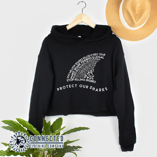 Black Protect Our Sharks Crop Hoodie - Connected Clothing Company - Ethically and Sustainably Made - 10% of profits donated to shark conservation and ocean conservation