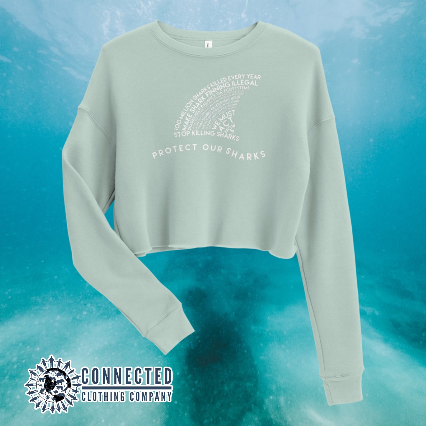 Dusty Blue Protect Our Sharks Crop Sweatshirt - Connected Clothing Company - Ethically and Sustainably Made - 10% of profits donated to shark conservation and ocean conservation
