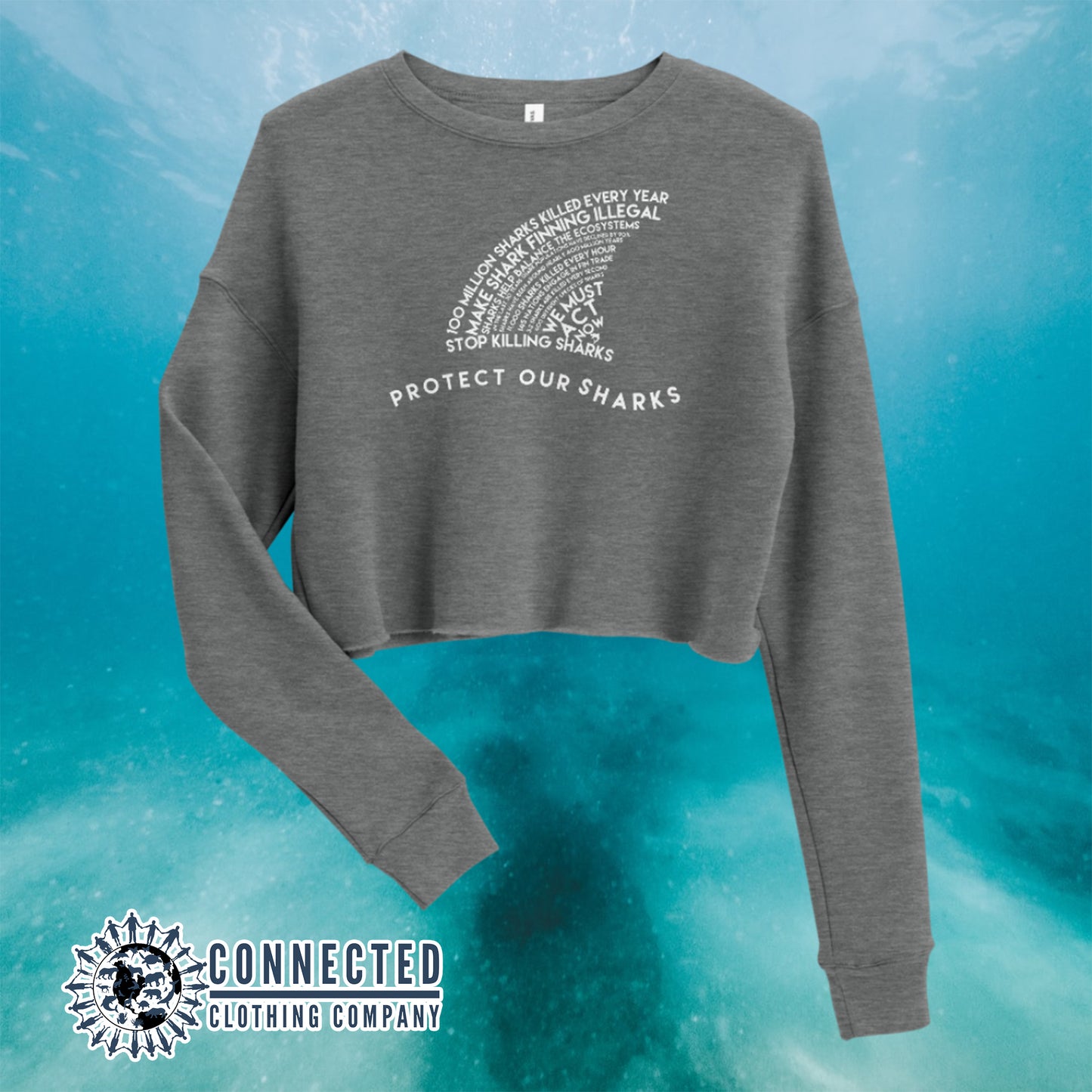 Deep Heather Protect Our Sharks Crop Sweatshirt - Connected Clothing Company - Ethically and Sustainably Made - 10% of profits donated to shark conservation and ocean conservation